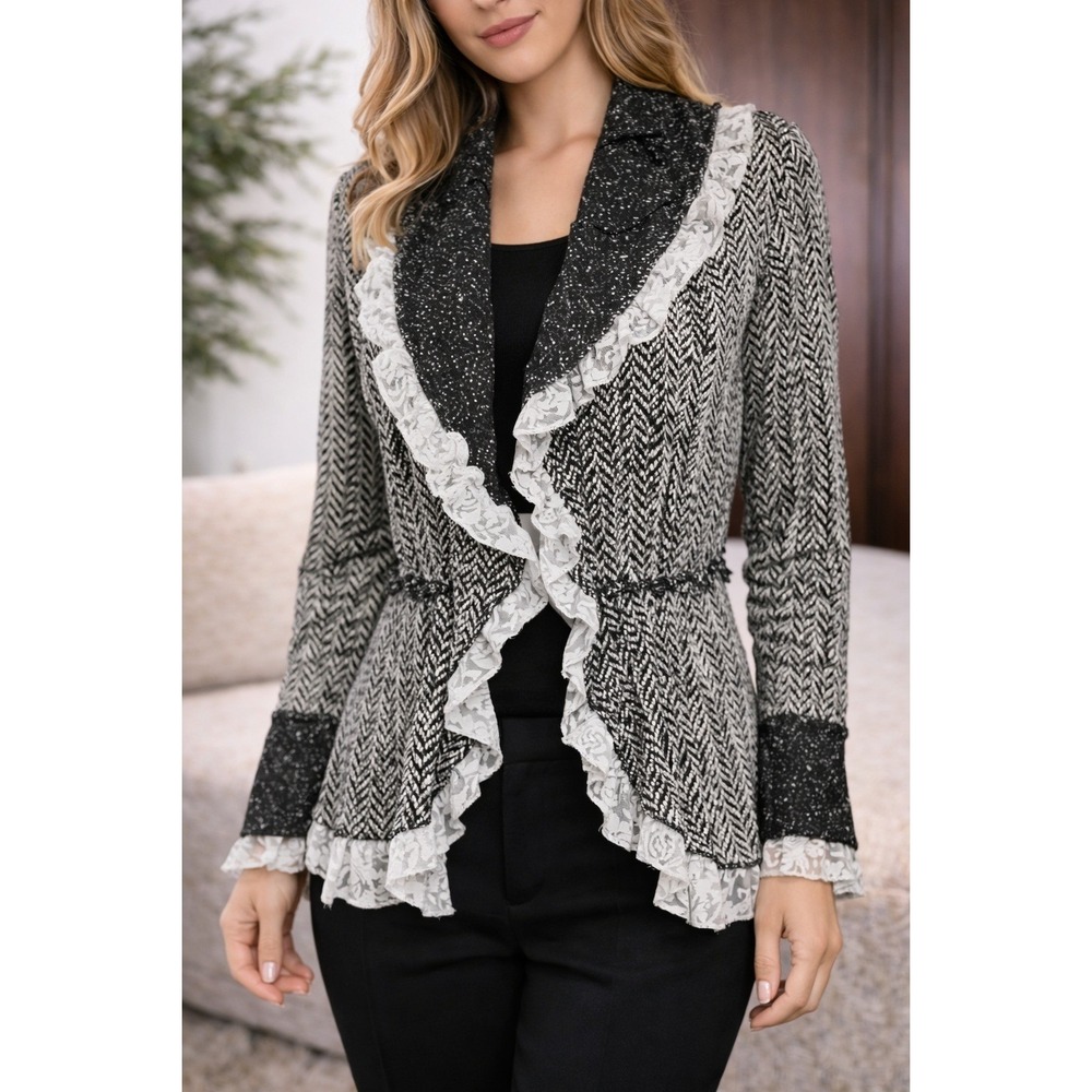 Alberto Makali Herringbone Lace Ruffle Cardigan Jacket L Coquette Dark Academia - Picture 2 of 9